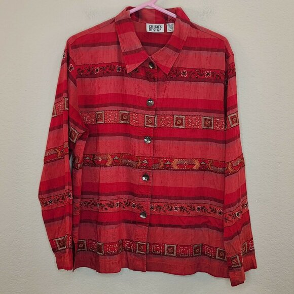Chico's Tops - Chico's Design Shirt Womens Medium Red Silk Embroidered Beaded Button Up Casual